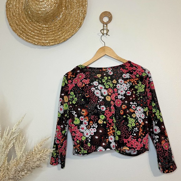 Y2K Inspired Neon Floral Black Tie Front Crop Top Micro Cardigan Size Medium - Picture 5 of 5